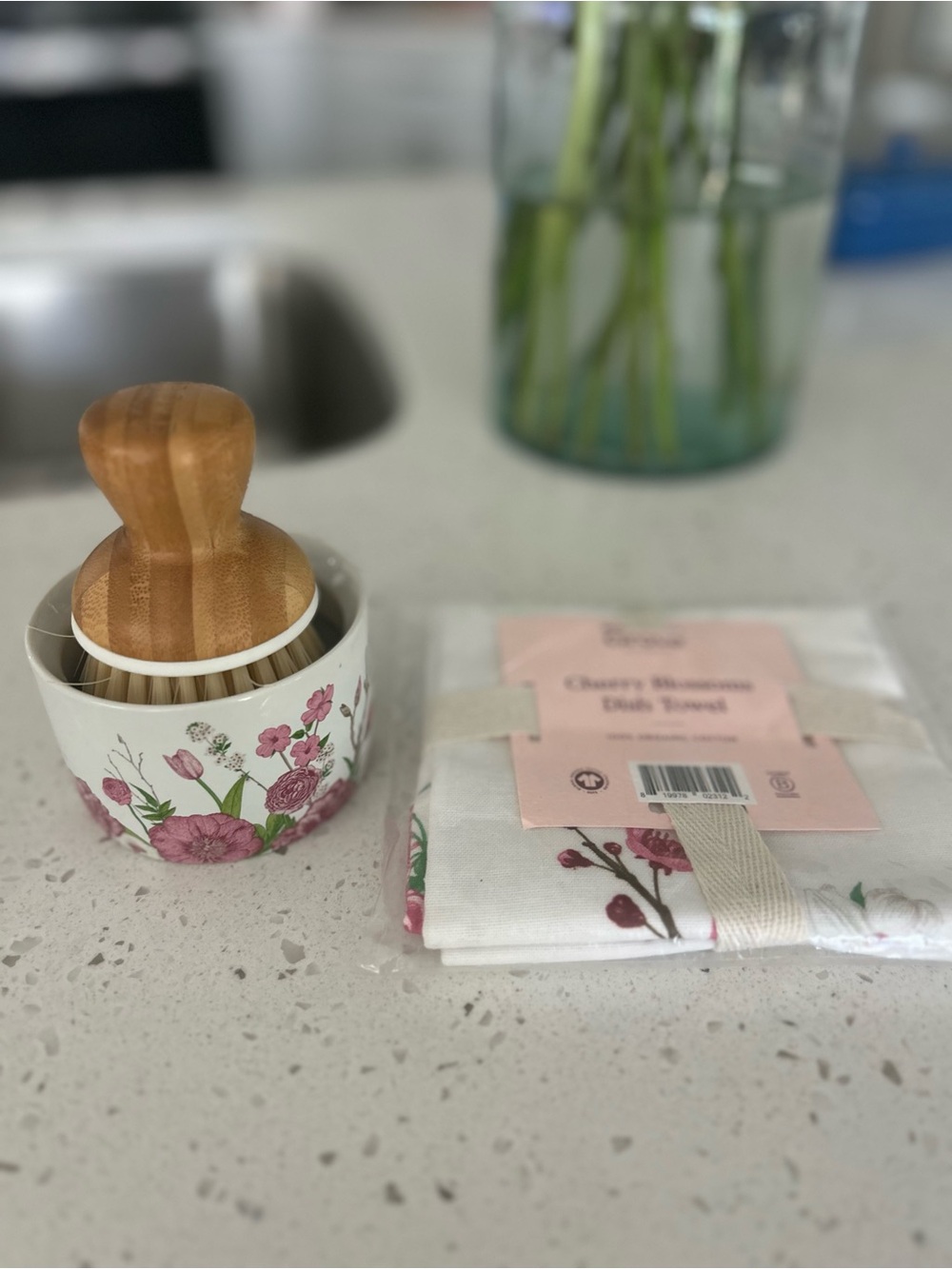 Floral Ceramic Soap Dish & Bamboo Scrub Brush Set - Pink Floral